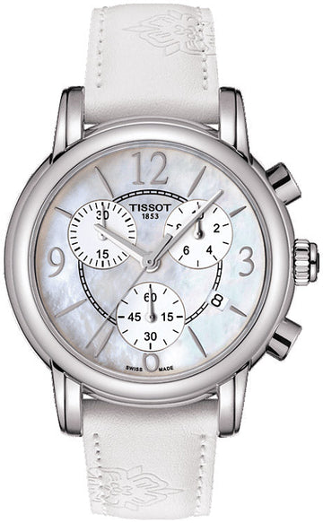  Shop Authentic Tissot Dressport Chronograph Mother of Pearl Dial White Leather Strap Watch for Women - T050.217.17.117.00 - Luxxuri