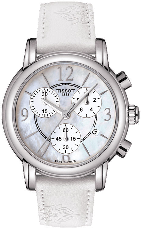  Shop Authentic Tissot Dressport Chronograph Mother of Pearl Dial White Leather Strap Watch for Women - T050.217.17.117.00 - Luxxuri