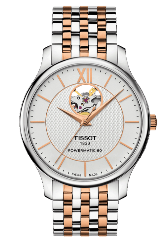  Shop Authentic Tissot Tradition Powermatic 80 Open Heart Silver Dial Two Tone Steel Strap Watch For Men - T063.907.22.038.01 - Luxxuri