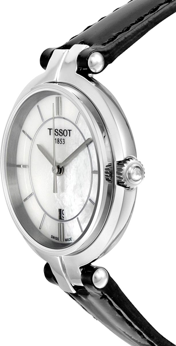 Tissot T Lady Flamingo Mother of Pearl White Dial Black Leather Strap Watch for Women - T094.210.16.111.00