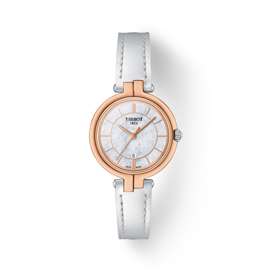 Tissot T Lady Flamingo Mother of Pearl White Dial White Leather Strap Watch For Women - T094.210.26.111.01
