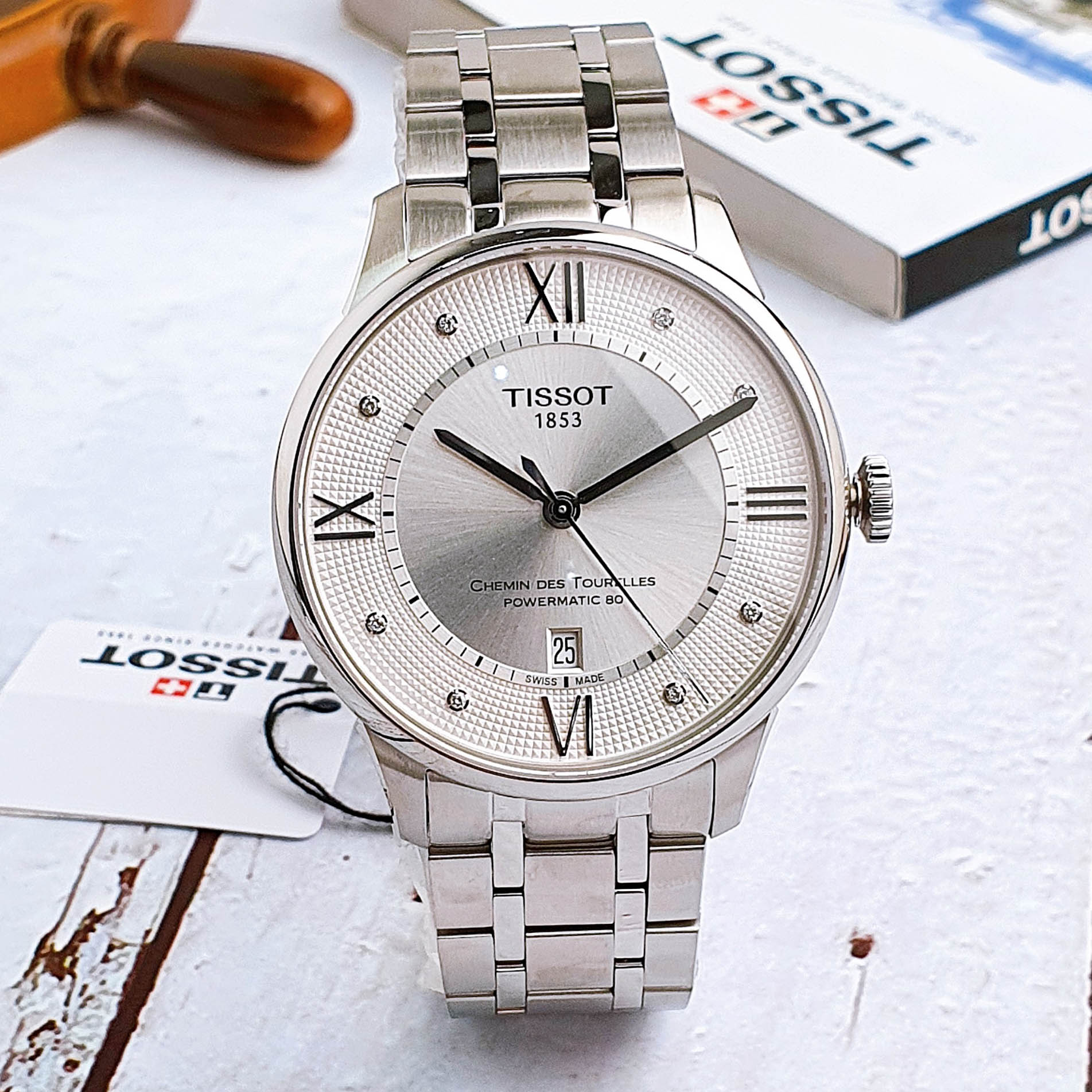 Tissot Chemin Des Tourelles Powermatic 80 Diamonds Silver Dial Silver Steel Strap Watch for Men - T099.407.11.033.00