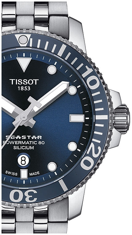 Tissot T Sport Seastar 1000 Powermatic Silicium Blue Dial Silver Steel Strap Watch For Men - T120.407.11.041.01