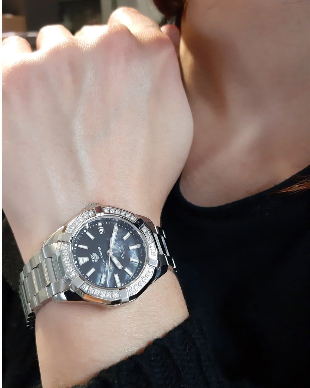  Shop Authentic Tag Heuer Aquaracer Quartz Diamonds Black Dial Silver Steel Strap Watch for Women - WAY131P.BA0748 - Luxxuri