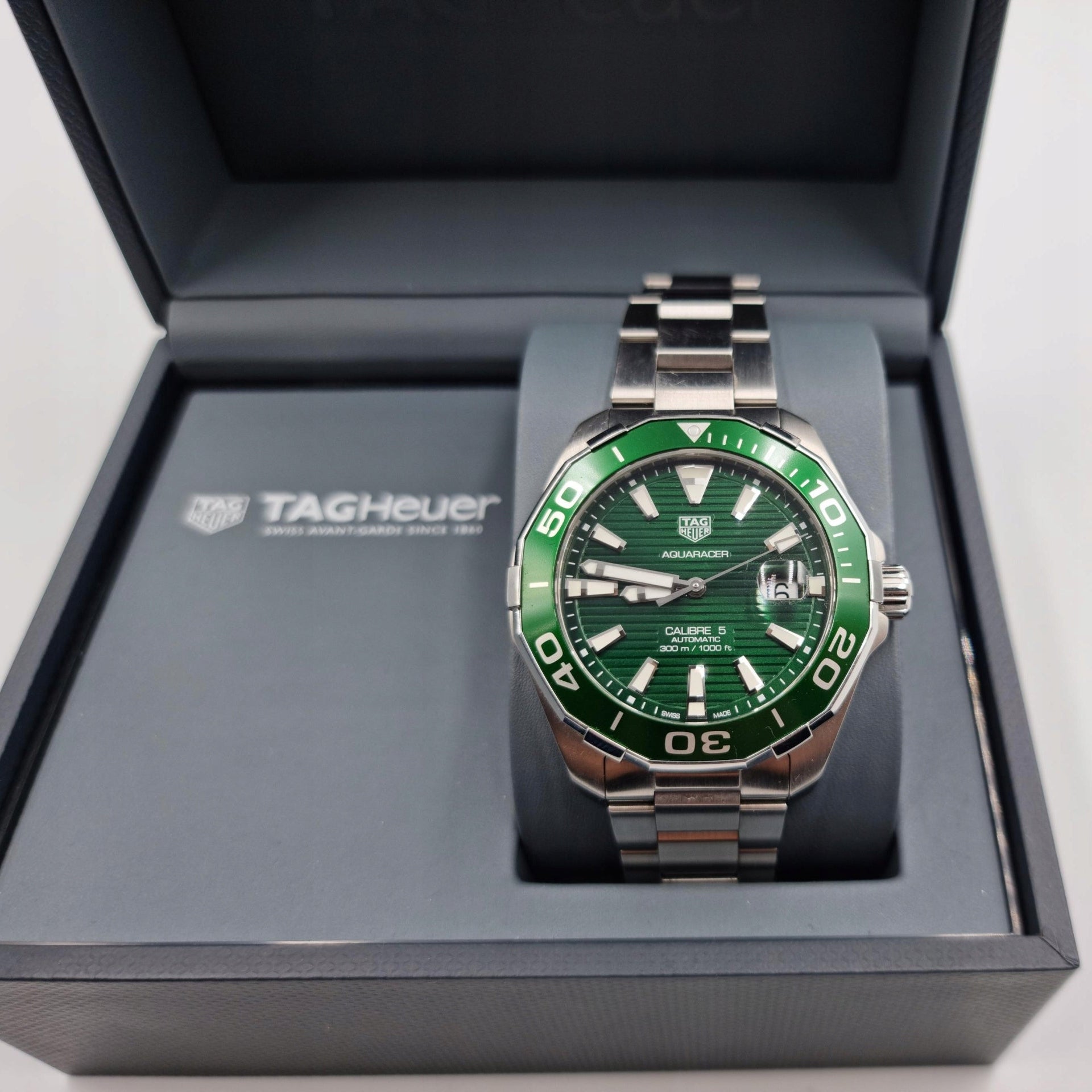 Tag Heuer Aquaracer Calibre 5 Green Dial Silver Steel Strap Watch for Men - WAY201S.BA0927