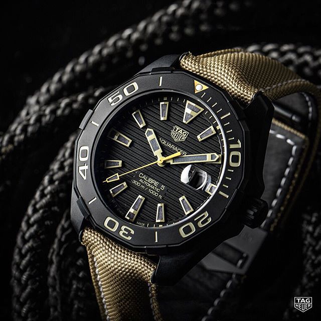 Tag Heuer Aquaracer 300 Calibre 5 Automatic Black Dial Brown Fabric Strap Watch for Men - WAY208C.FC6383