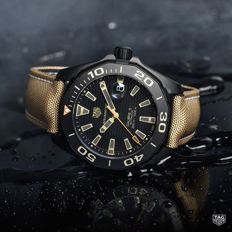  Shop Authentic Tag Heuer Aquaracer 300 Calibre 5 Automatic Black Dial Brown Fabric Strap Watch for Men - WAY208C.FC6383 - Luxxuri