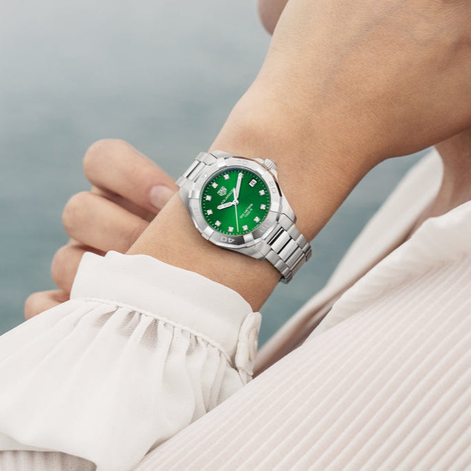  Shop Authentic Tag Heuer Aquaracer Diamonds Emerald Green Dial Watch for Women - WBD1316.BA0740 - Luxxuri