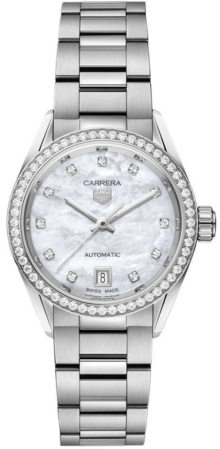  Shop Authentic Tag Heuer Carrera Date Diamonds Mother of Pearl Dial Silver Steel Strap Watch for Women - WBN2414.BA0621 - Luxxuri