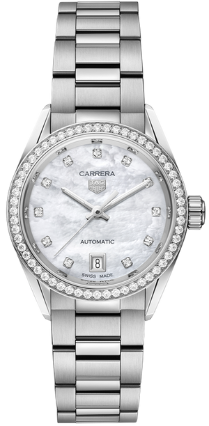  Shop Authentic Tag Heuer Carrera Date Diamonds Mother of Pearl Dial Silver Steel Strap Watch for Women - WBN2414.BA0621 - Luxxuri