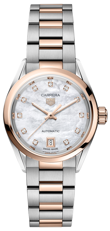  Shop Authentic Tag Heuer Carrera Date Automatic Mother of Pearl Dial Two Tone Steel Strap Watch for Women - WBN2450.BD0569 - Luxxuri