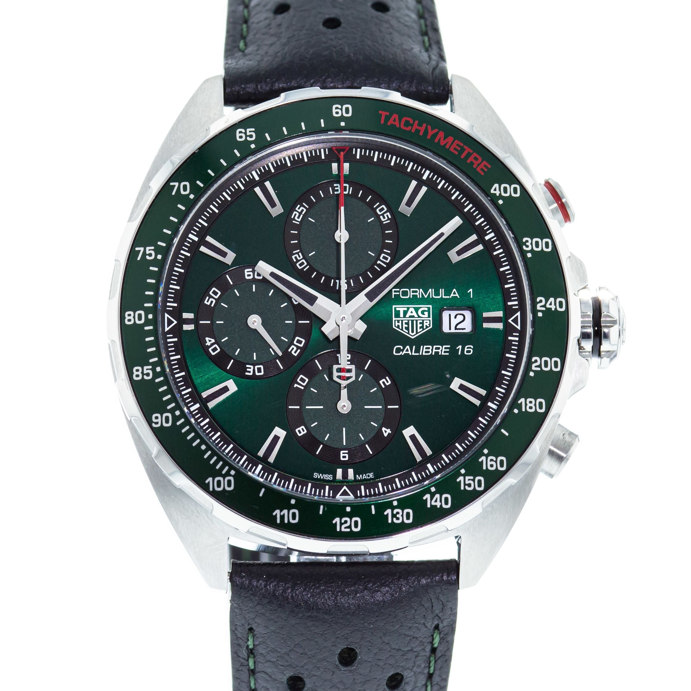 Tag Heuer Formula 1 Calibre 16 Automatic Chronograph Green Dial Black Leather Strap Watch for Men - CAZ2016.FC6473