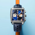  Shop Authentic Tag Heuer Monaco Gulf Automatic Chronograph Blue Dial Blue Leather Strap Watch for Men - CBL2115.FC6494 - Luxxuri