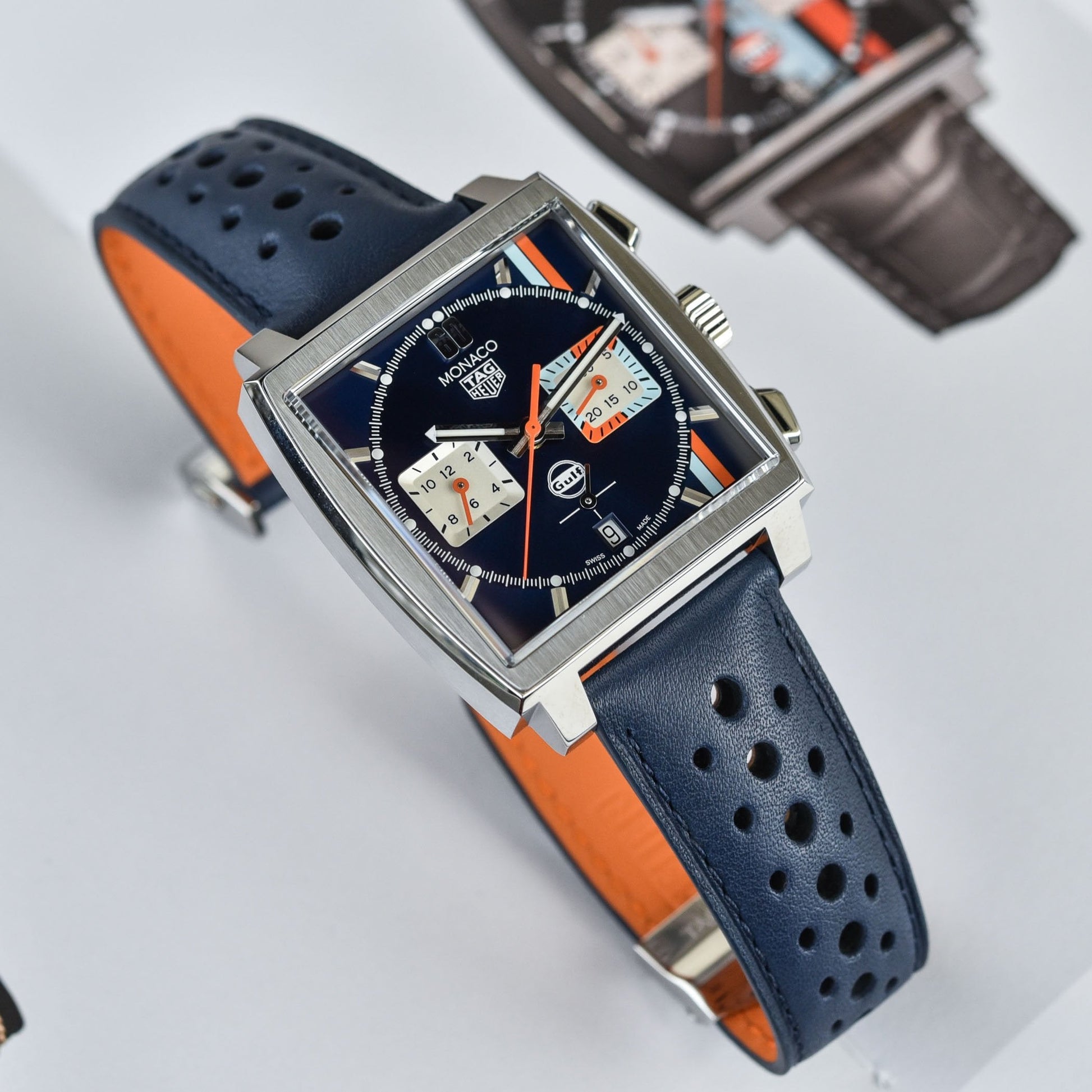  Shop Authentic Tag Heuer Monaco Gulf Automatic Chronograph Blue Dial Blue Leather Strap Watch for Men - CBL2115.FC6494 - Luxxuri