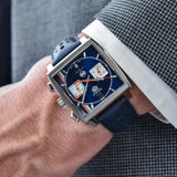  Shop Authentic Tag Heuer Monaco Gulf Automatic Chronograph Blue Dial Blue Leather Strap Watch for Men - CBL2115.FC6494 - Luxxuri