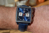  Shop Authentic Tag Heuer Monaco Automatic Chronograph Blue Dial Blue Leather Strap Watch for Men - CBL2111.FC6453 - Luxxuri