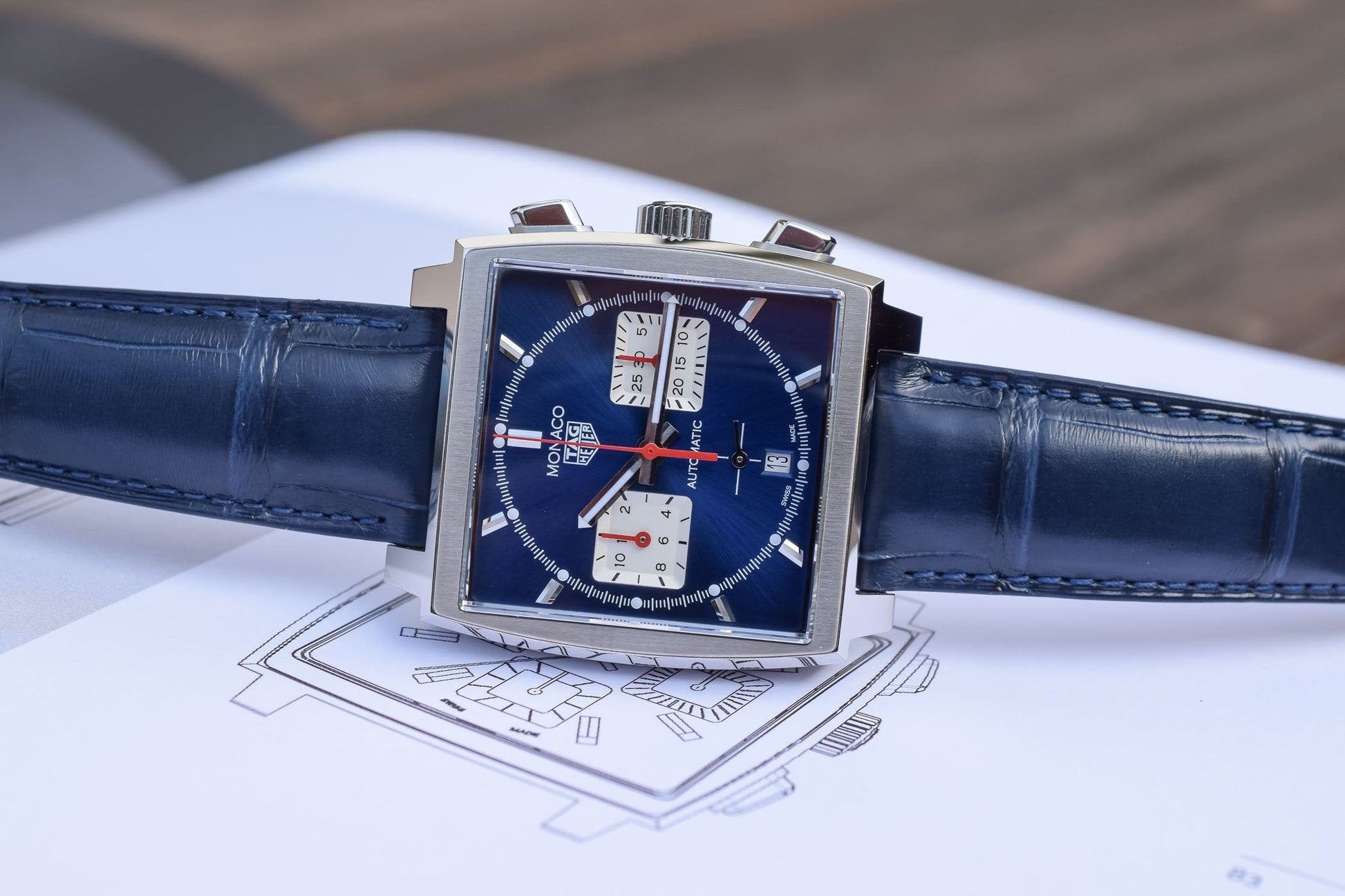  Shop Authentic Tag Heuer Monaco Automatic Chronograph Blue Dial Blue Leather Strap Watch for Men - CBL2111.FC6453 - Luxxuri
