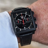  Shop Authentic Tag Heuer Monaco Automatic Chronograph Black Dial Black Leather Strap Watch for Men - CBL2180.FC6497 - Luxxuri