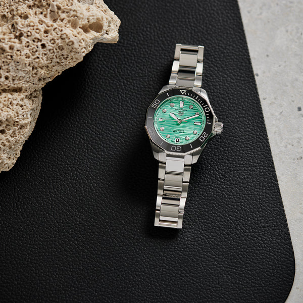  Shop Authentic Tag Heuer Aquaracer Professional 300 Automatic Diamonds Green Dial Silver Steel Strap Watch for Women - WBP231K.BA0618 - Luxxuri