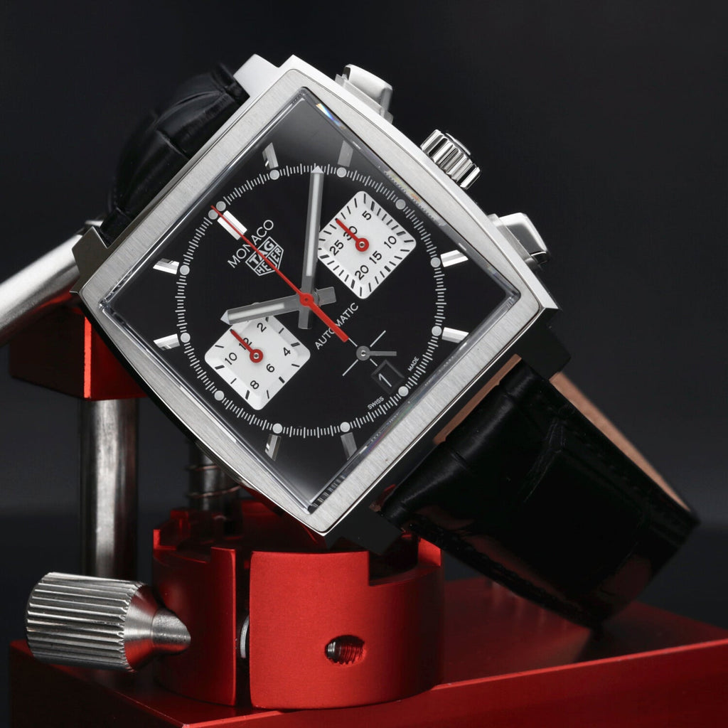  Shop Authentic Tag Heuer Monaco Automatic Chronograph Black Dial Black Leather Strap Watch for Men - CBL2113.FC6177 - Luxxuri