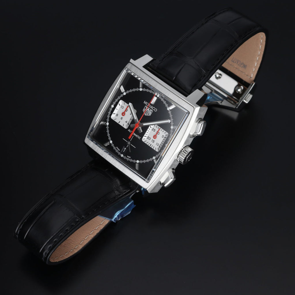  Shop Authentic Tag Heuer Monaco Automatic Chronograph Black Dial Black Leather Strap Watch for Men - CBL2113.FC6177 - Luxxuri