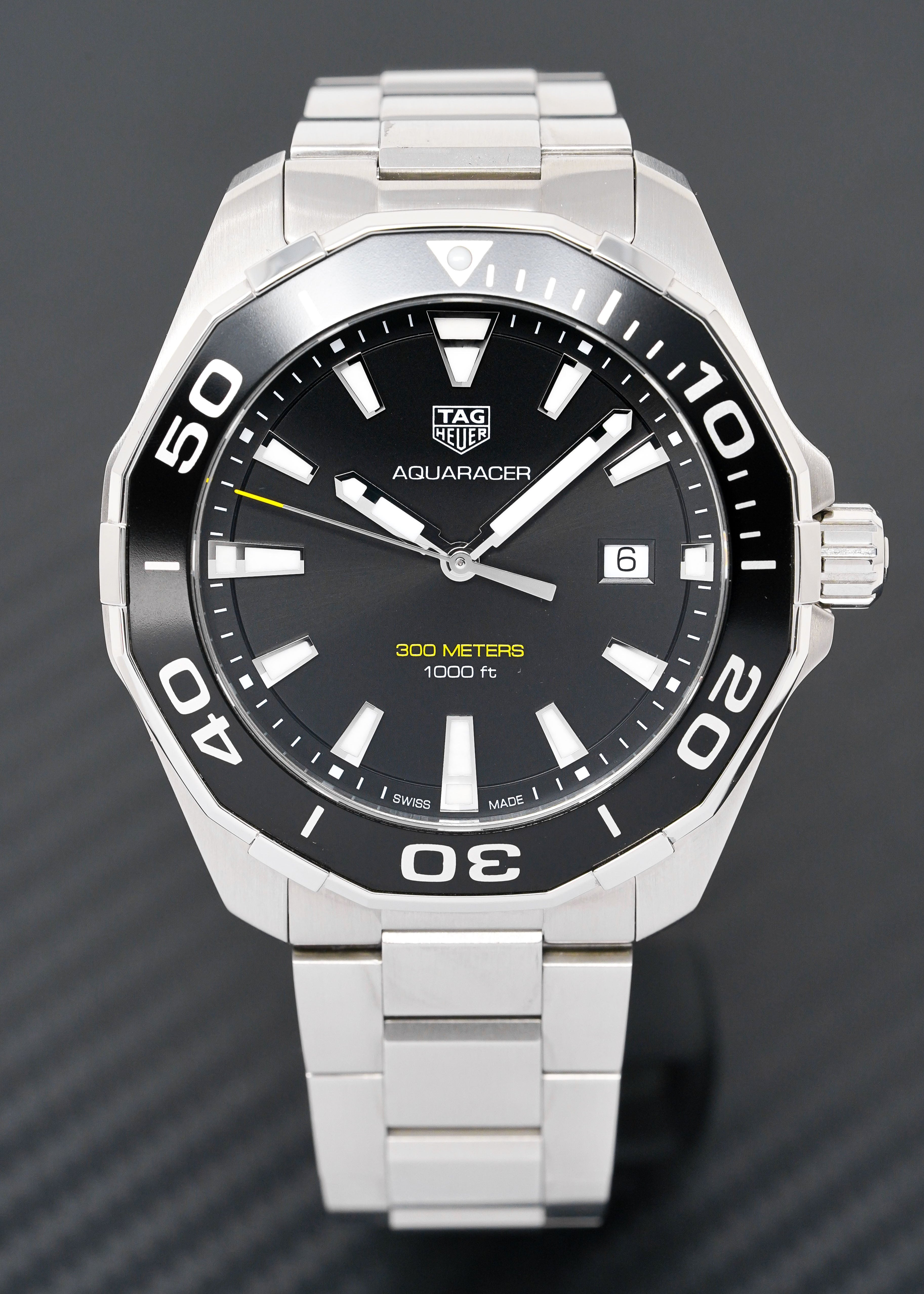 Tag Heuer Aquaracer Quartz Black Dial Silver Steel Strap Watch for Men - WAY101A.BA0746