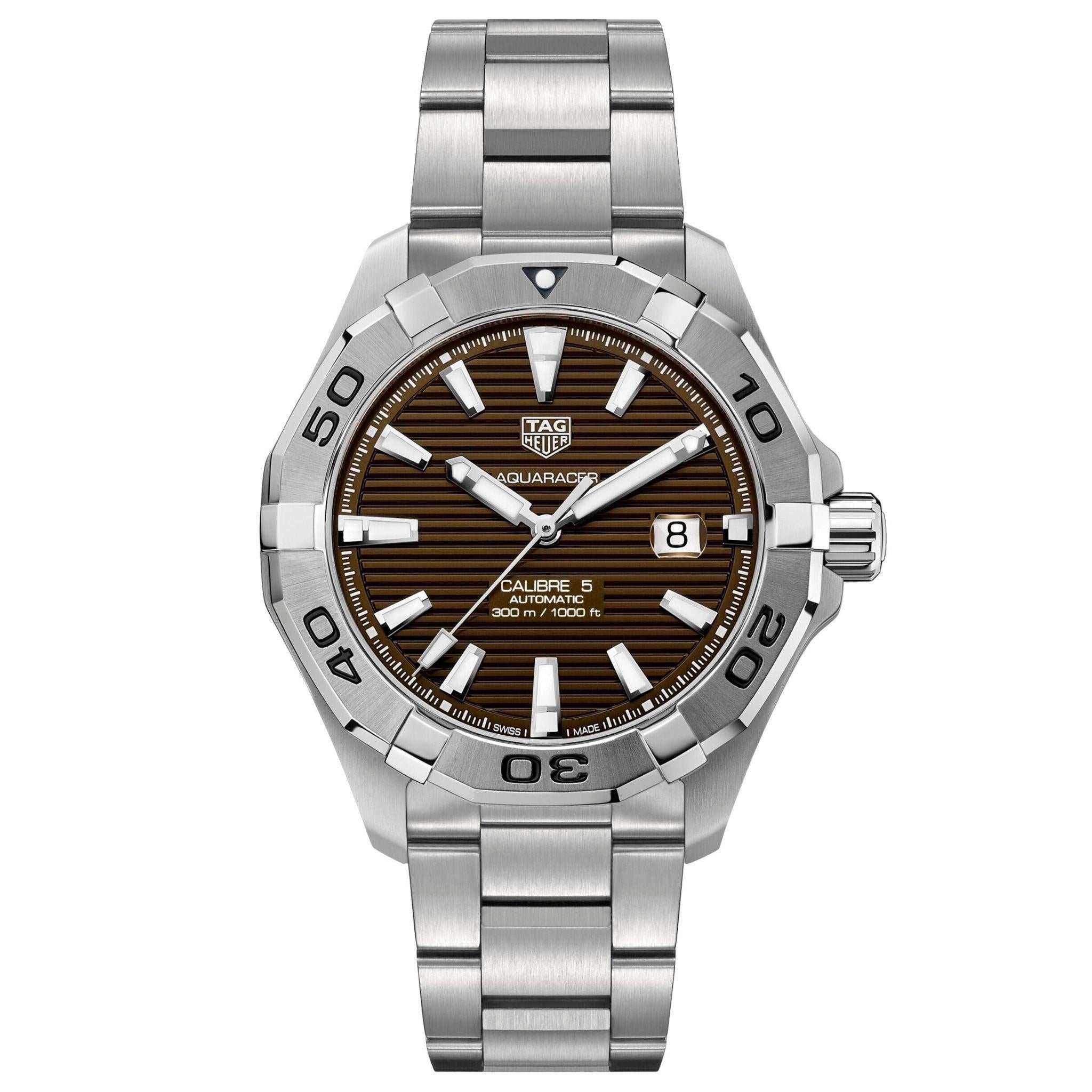 Tag Heuer Aquaracer Calibre 5 Automatic Sunray Brown Dial Silver Steel Strap Watch for Men - WAY2018.BA0927