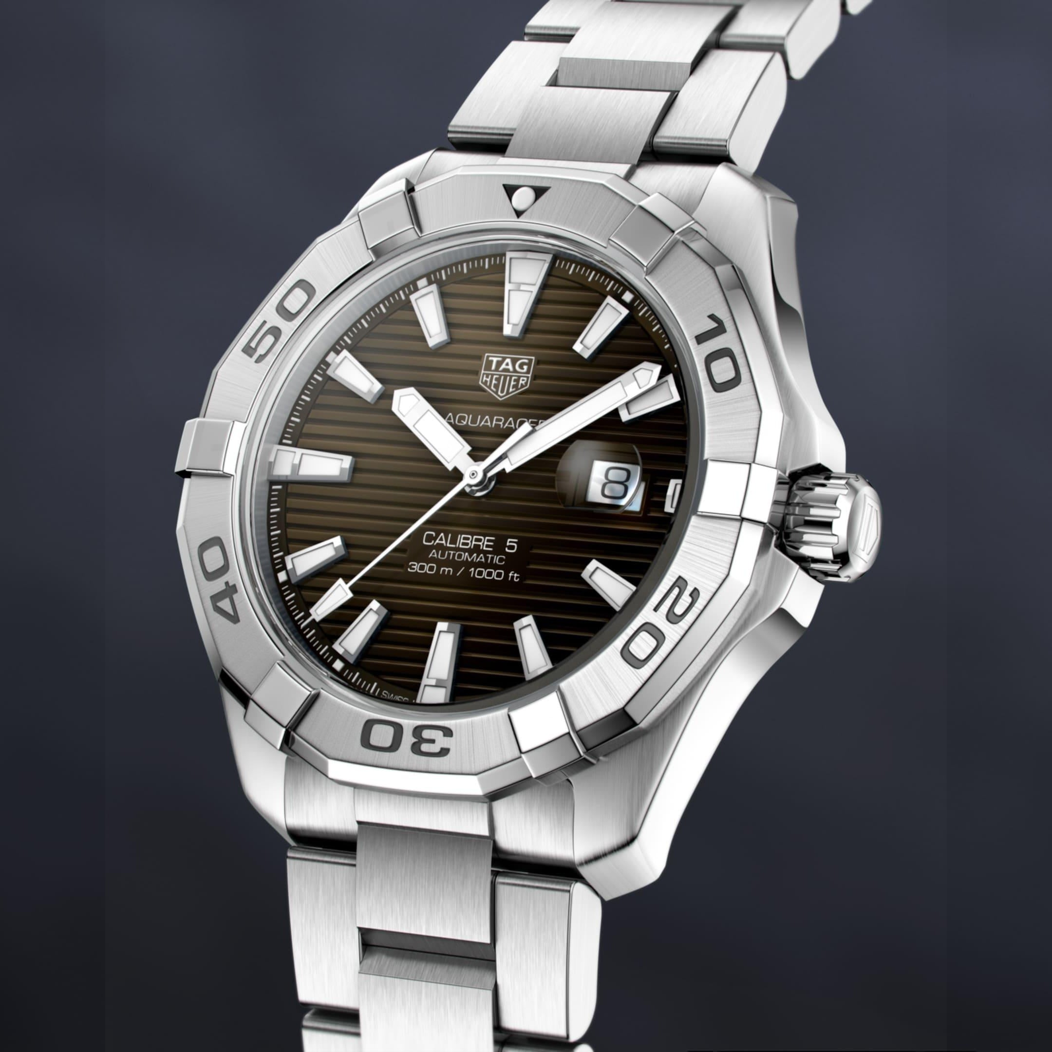 Tag Heuer Aquaracer Calibre 5 Automatic Sunray Brown Dial Silver Steel Strap Watch for Men - WAY2018.BA0927