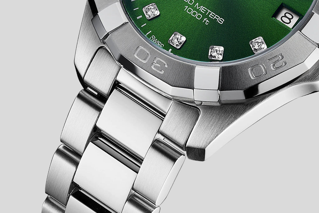  Shop Authentic Tag Heuer Aquaracer Diamonds Emerald Green Dial Silver Steel Strap Watch for Women - WBD1316.BA0740 - Luxxuri