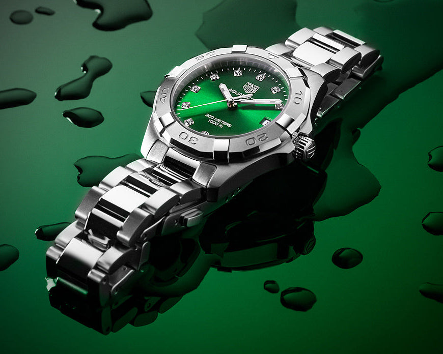 Shop Authentic Tag Heuer Aquaracer Diamonds Emerald Green Dial Silver Steel Strap Watch for Women - WBD1316.BA0740 - Luxxuri