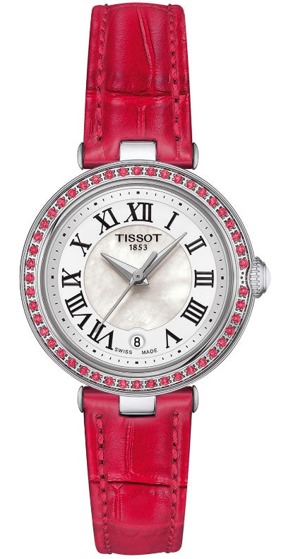  Shop Authentic Tissot Bellissima Small Lady Diamonds Mother of Pearl Dial Red Leather Strap Watch For Women - T126.010.66.113.00 - Luxxuri