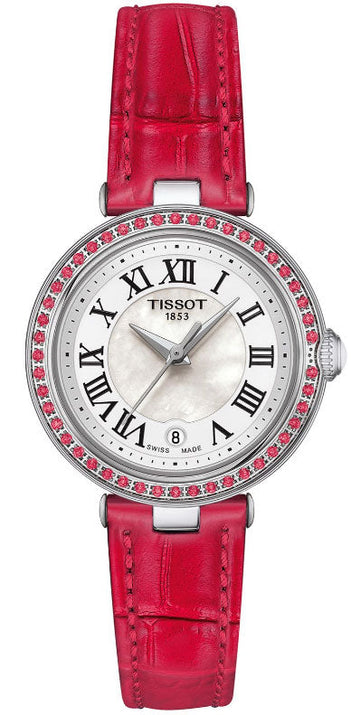 Shop Authentic Tissot Bellissima Small Lady Diamonds Mother of Pearl Dial Red Leather Strap Watch For Women - T126.010.66.113.00 - Luxxuri