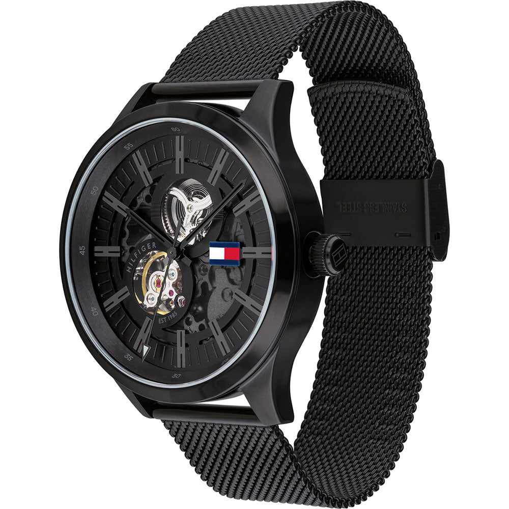  Shop Authentic Tommy Hilfiger Spencer Skeleton Black Dial Black Mesh Bracelet Watch for Men - 1791644 - Luxxuri
