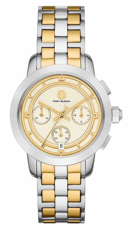 Tory Burch The Tory Chronograph White Dial Two Tone Steel Strap Watch for Women - TBW1052