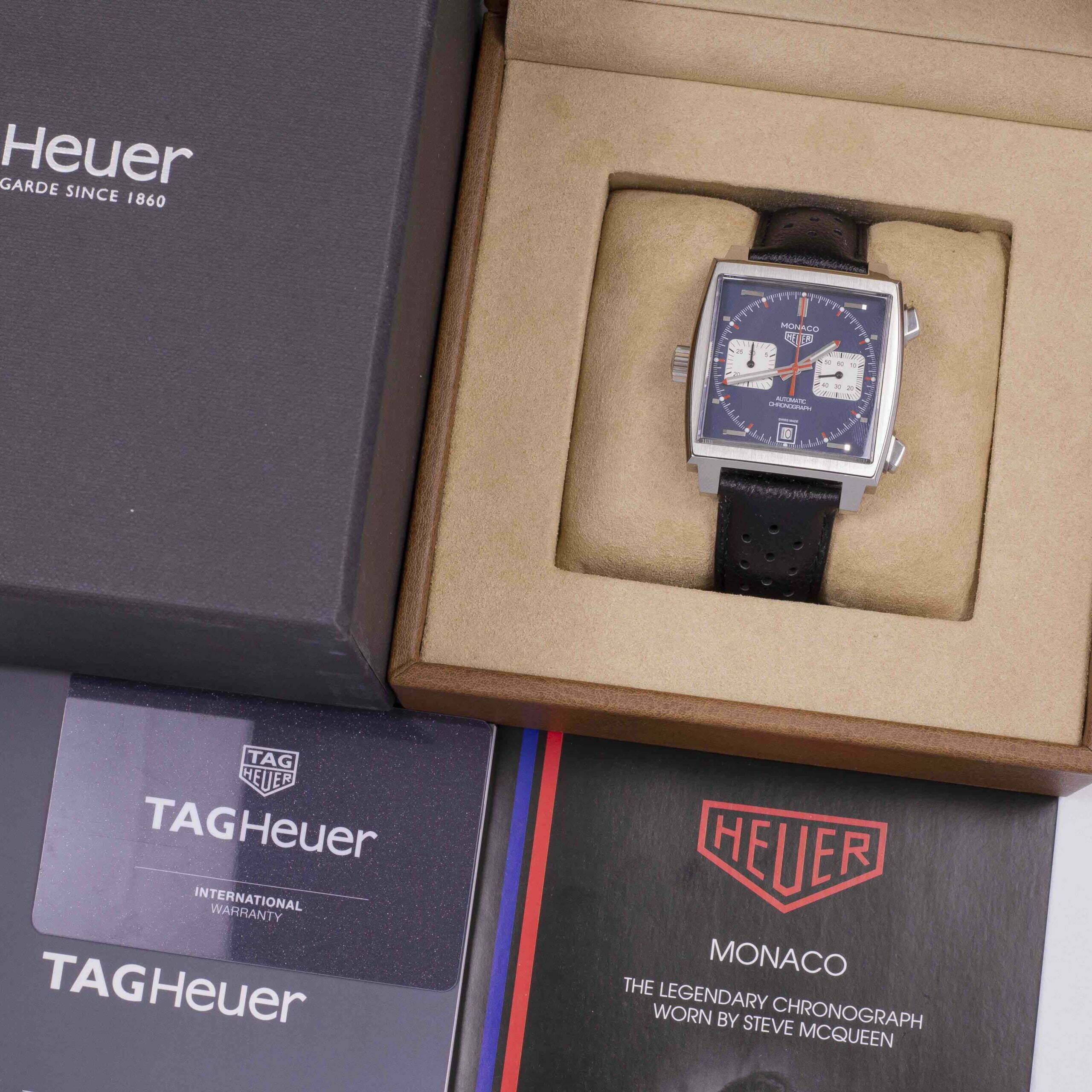 Tag Heuer Monaco Automatic Chronograph Blue Dial Black Leather Strap Watch for Men - CAW211P.FC6356