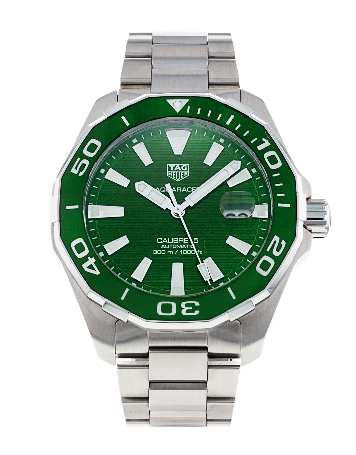 Tag Heuer Aquaracer Calibre 5 Green Dial Silver Steel Strap Watch for Men - WAY201S.BA0927