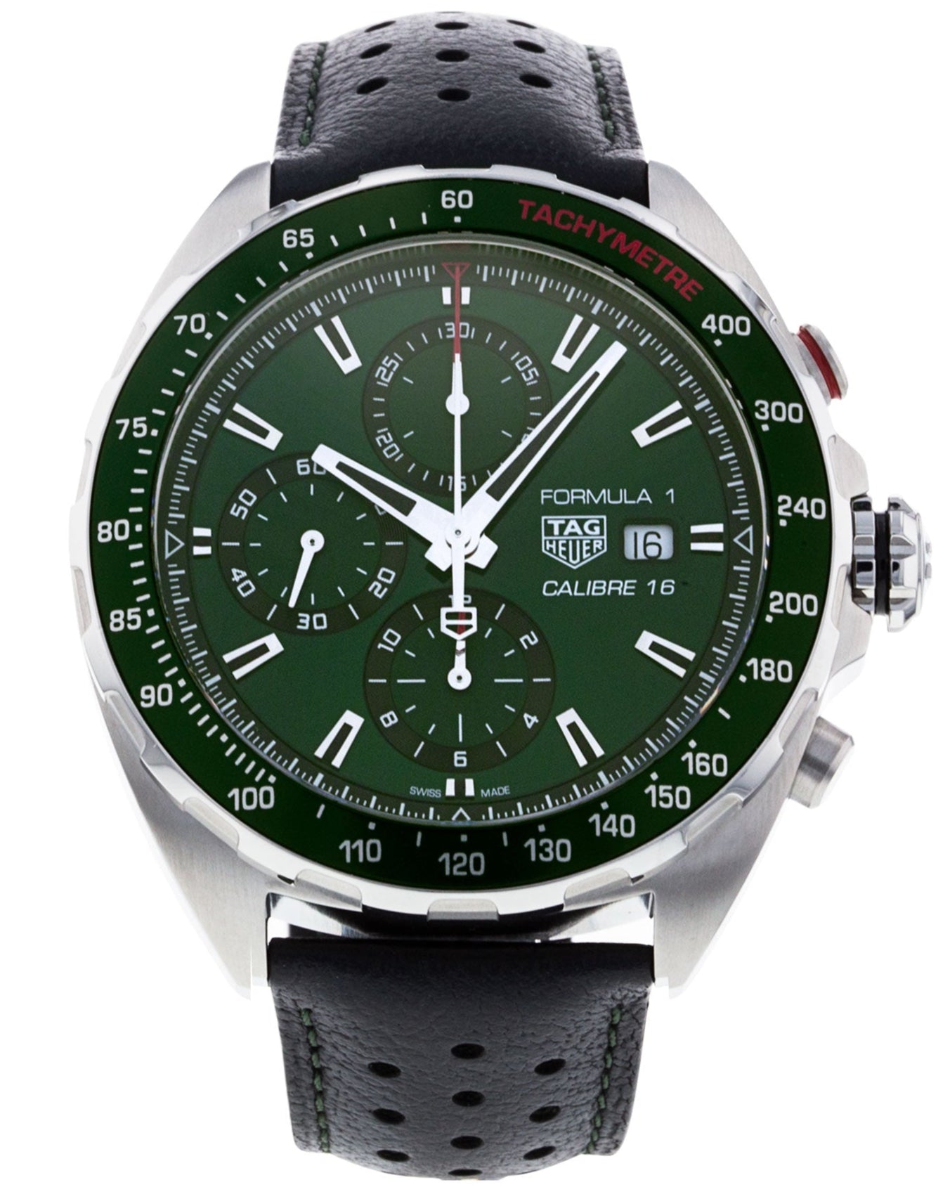 Tag Heuer Formula 1 Calibre 16 Automatic Chronograph Green Dial Black Leather Strap Watch for Men - CAZ2016.FC6473