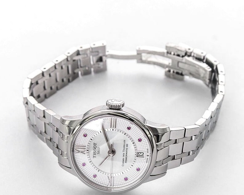  Shop Authentic Tissot Chemin Des Tourelles Powermatic 80 Rubies Mother of Pearl Dial Silver Steel Strap Watch For Women - T099.207.11.113.00 - Luxxuri