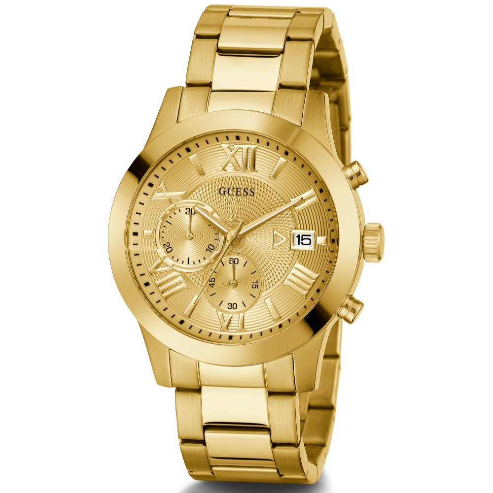  Shop Authentic Guess Atlas Chronograph Gold Dial Gold Steel Strap Watch For Men - W0668G4 - Luxxuri