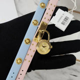  Shop Authentic Versace Medusa Lock Icon Quartz Gold Dial Pink & Blue Leather Strap Watch For Women - VEDW00219 - Luxxuri
