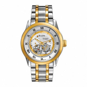  Shop Authentic Bulova BVA Skeleton Silver Dial Two Tone Steel Strap Watch for Men - 98A123 - Luxxuri