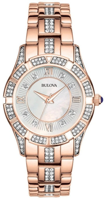  Shop Authentic Bulova Crystal Mother of Pearl Dial Rose Gold Steel Strap Watch for Women - 98L197 - Luxxuri