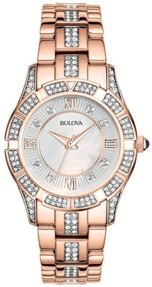  Shop Authentic Bulova Crystal Mother of Pearl Dial Rose Gold Steel Strap Watch for Women - 98L197 - Luxxuri