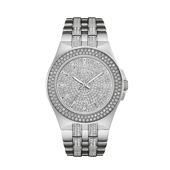  Shop Authentic Bulova Crystal Pave Silver Dial Silver Steel Strap Watch for Men - 96B235 - Luxxuri