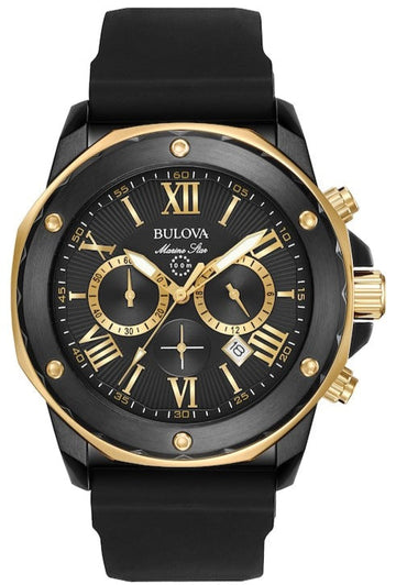  Shop Authentic Bulova Marine Star Chronograph Black Dial Black Rubber Strap Watch for Men - 98B278 - Luxxuri