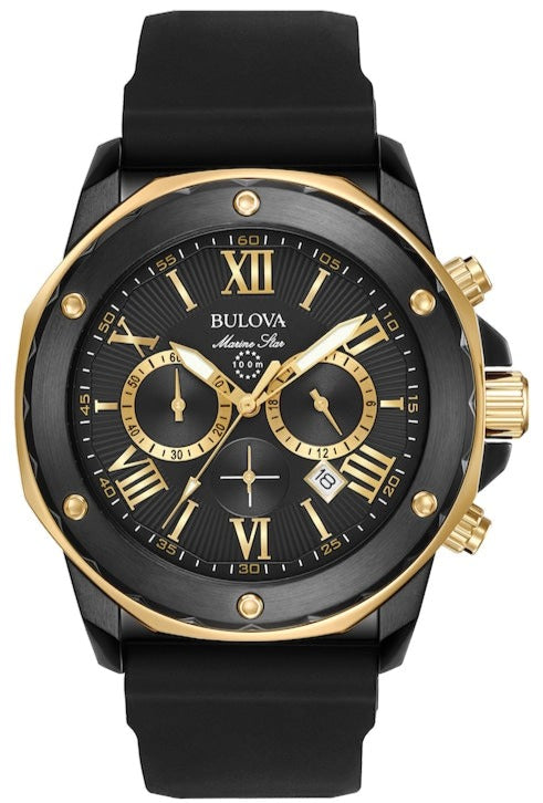  Shop Authentic Bulova Marine Star Chronograph Black Dial Black Rubber Strap Watch for Men - 98B278 - Luxxuri