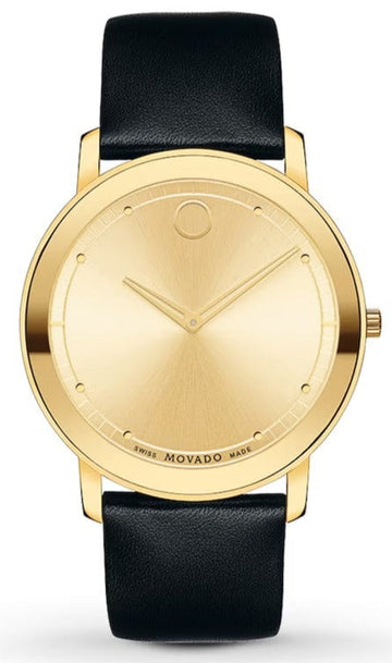  Shop Authentic Movado Sapphire Gold Dial Black Leather Strap Watch For Men - 606883 - Luxxuri