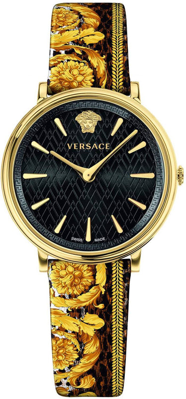  Shop Authentic Versace V-Circle Black Dial Gold Leather Strap Watch for Women - VBP13017 - Luxxuri