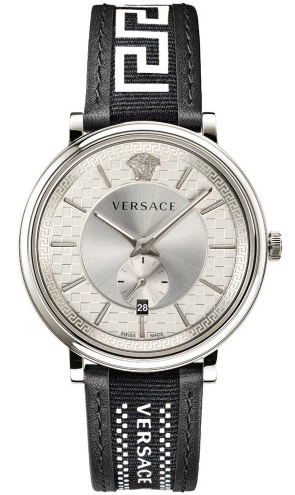  Shop Authentic Versace V-Circle Silver Dial Black Leather Strap Watch for Men - VEBQ01219 - Luxxuri