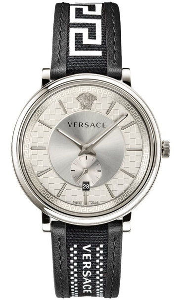  Shop Authentic Versace V-Circle Silver Dial Black Leather Strap Watch for Men - VEBQ01219 - Luxxuri